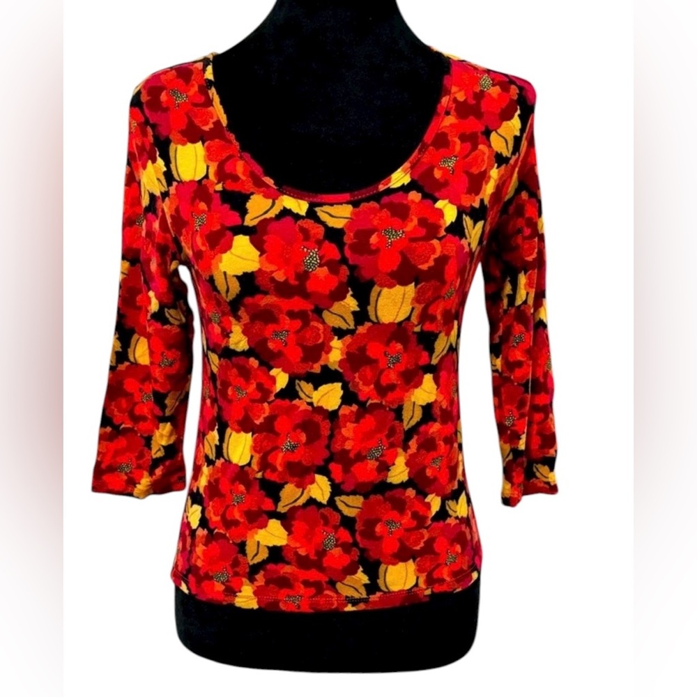 Harold’s Festive Wear: Vibrant  Red/ Orange Floral Top Size M  Boho Chic